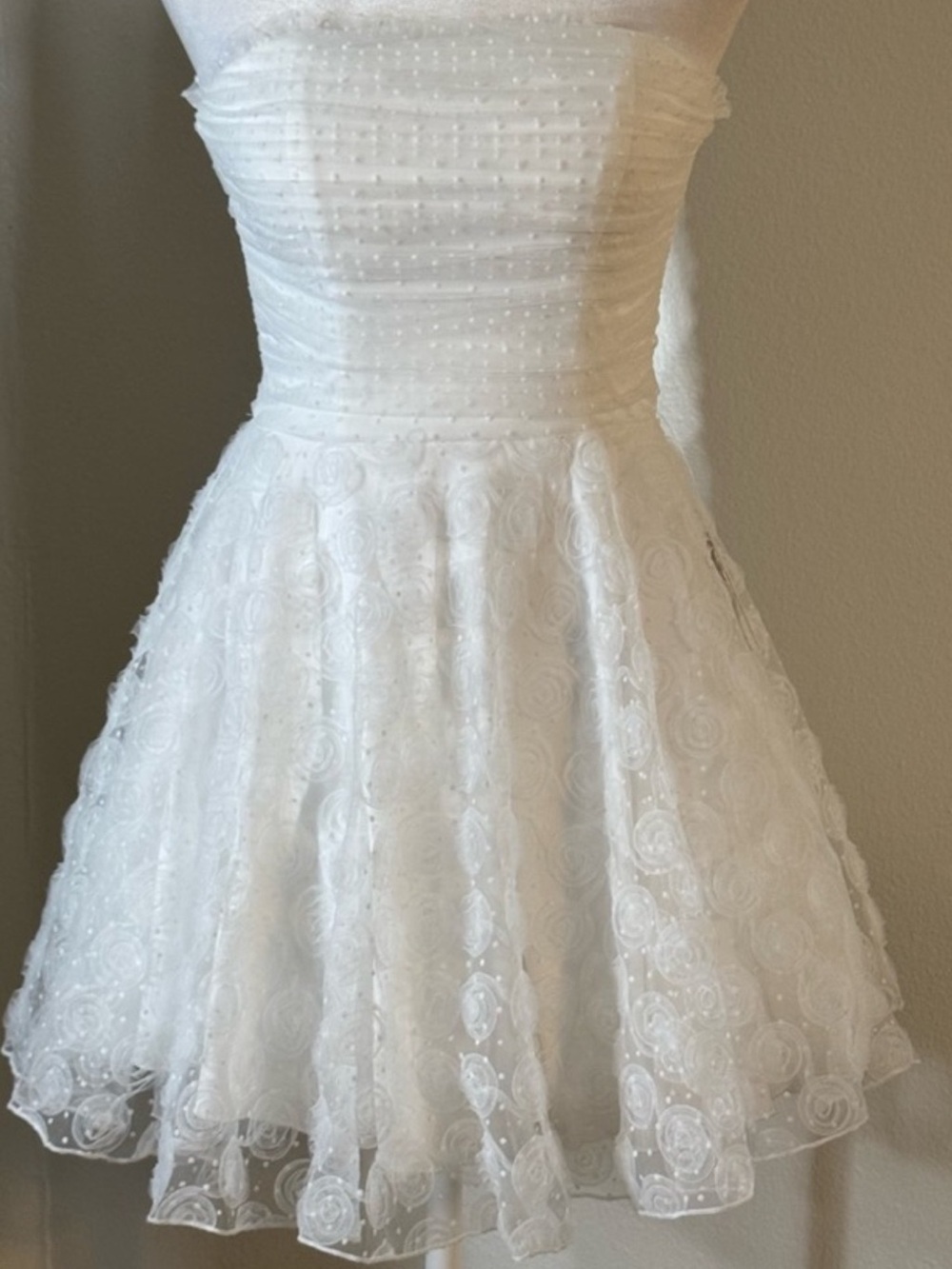 New, unworn, with tags. Short White Wedding Dress with Textured Tulle